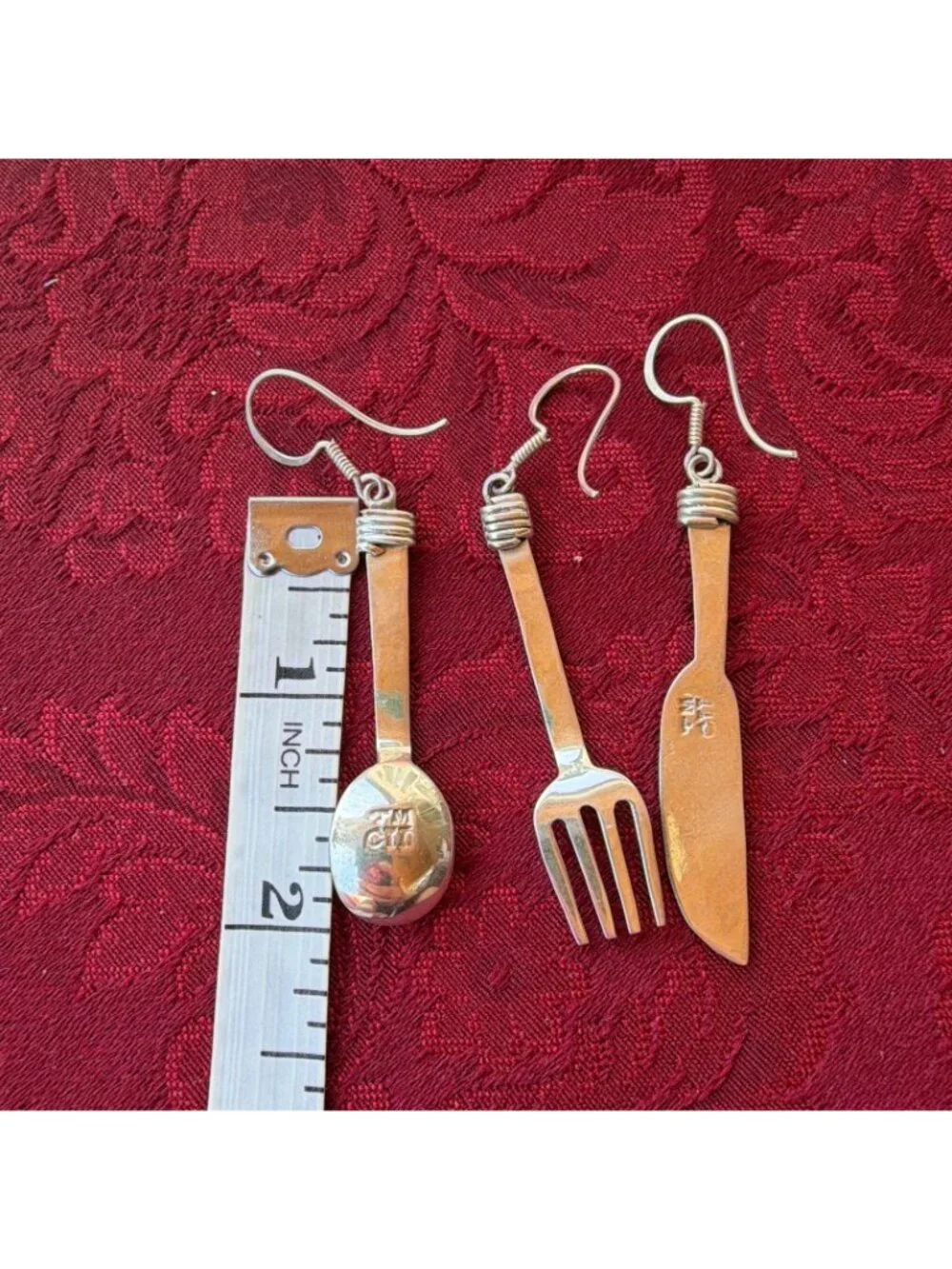 Vintage Taxco Mexico 925 Sterling Silver Cutlery Fork Spoon Knife Trio Earrings